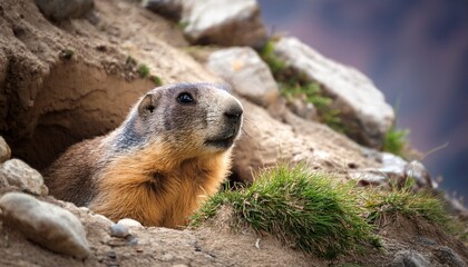 a himalayan marmot peeks out from its burrow in leh surrounded by rocky terrain and green grass this curious creature highlights the charm of ladakhrs alpine wildlife and rugged natural habitat