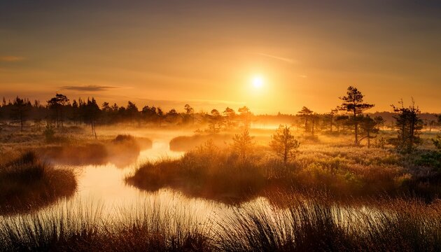 cinematic dawn over hidden wetlands with golden mist