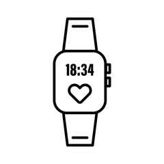 Digital watch shows time and heart symbol in black outline.