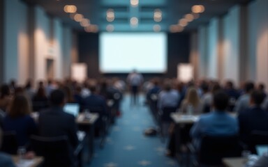 Blurry background of a corporate conference hall filled with people. High quality