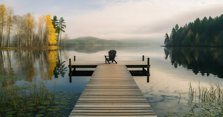 Naklejka premium A tranquil autumn morning on a lake with a solitary chair on a dock.