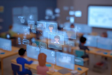 Virtual classroom environment featuring digital avatars engaged in learning activities with interactive technologies