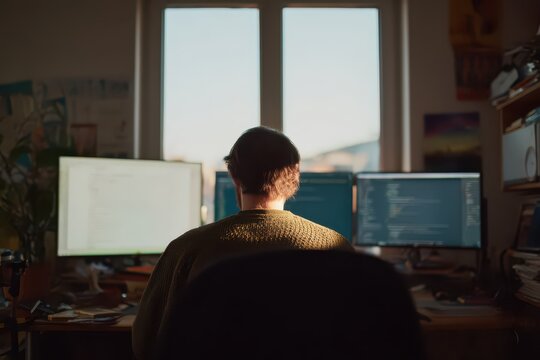 Business professionals engage in online coding bootcamp from home office in late afternoon light, focused on learning and collaboration