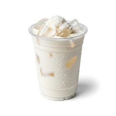 Refreshing iced drink in a clear plastic cup, topped with shredded coconut, condensation visible, isolated on white.