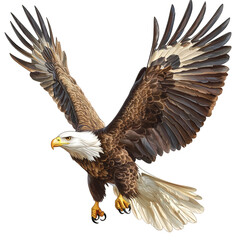 Obraz premium Majestic bald eagle flying with wings spread isolated on transparent background in studio