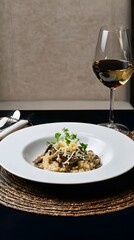 Mushroom risotto with herbs and parmesan, elegant plating with space above for slogan
