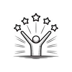 A sketch of a person with arms raised beneath five stars radiating light on a white background design