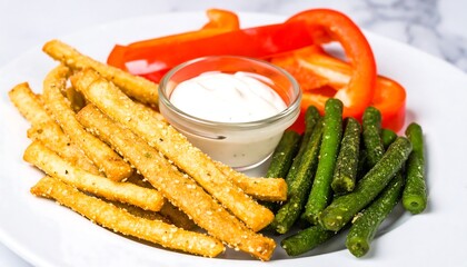 Healthy snack plate with crispy breadsticks, peppers and beans