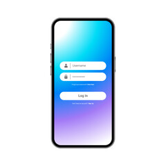 Mobile login screen interface with username and password form on smartphone mockup. UI design with gradient background. Transparent background PNG file suitable for apps, websites