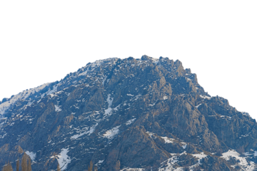 Top of hill of rocky mountain is isolated on transparent background, slopes cut by sharply protruding stone cliffs, snow cover lies unevenly in different places. Blank for artwork with clipped path