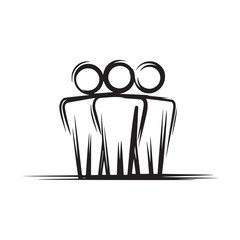 A simple black and white drawing of three stick figures standing together with circle heads design