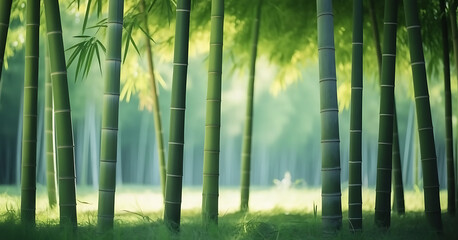 Fototapeta premium Sunlight filters through a dense grove of towering bamboo stalks.