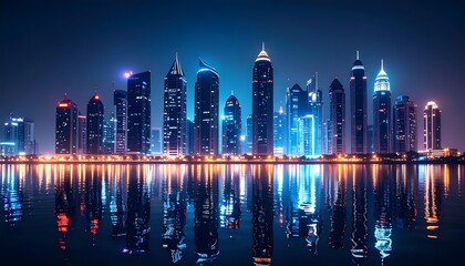Fototapeta premium Dubai Skyline at Night A Stunning Reflection of Modern Architecture