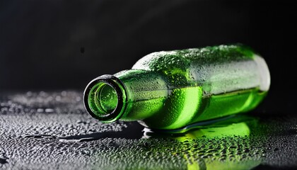 green glass bottle on wet black surface with water droplets