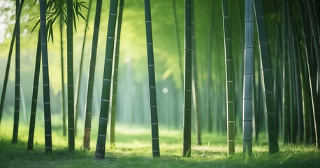 Sunlight filters through a dense grove of towering bamboo stalks.