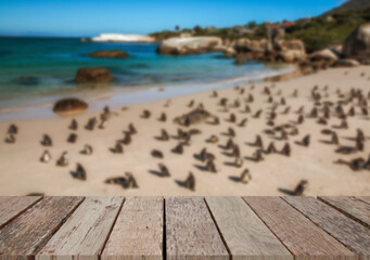 Fototapeta premium Wooden table top on the beach or sea.Party on the beach sunshine time concept.For montage product display or design key visual layout.View of copy space.