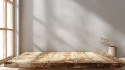 Aesthetic Wooden Platform for Product Display: An evocative image featuring an empty, rustic wooden platform bathed in the soft, natural light streaming through the window.
