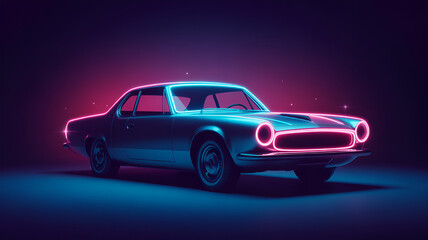 Fototapeta premium A classic car with neon lights glowing in the dark, creating a retro vibe