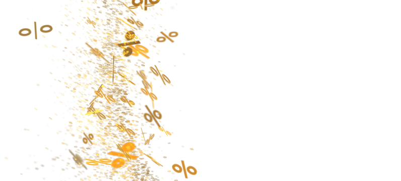 Abstract image of gold percentage symbols falling on white background. Ideal for sale banners, discount promotions.