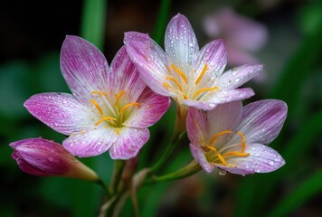 Close-up of delicate pink and white flowers with dewdrops on petals in natural setting