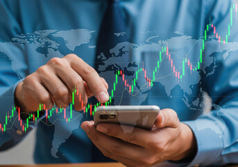 Businessman using smartphone with financial stock market graph overlay for business growth