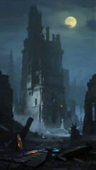 High angle view of a ruined gothic castle covered in fog