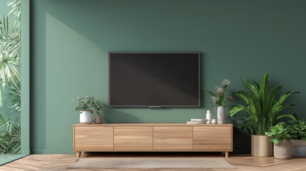 Minimalist Living Room with Green Wall and Wooden TV Cabinet – Interior Design Scene with Copy Space