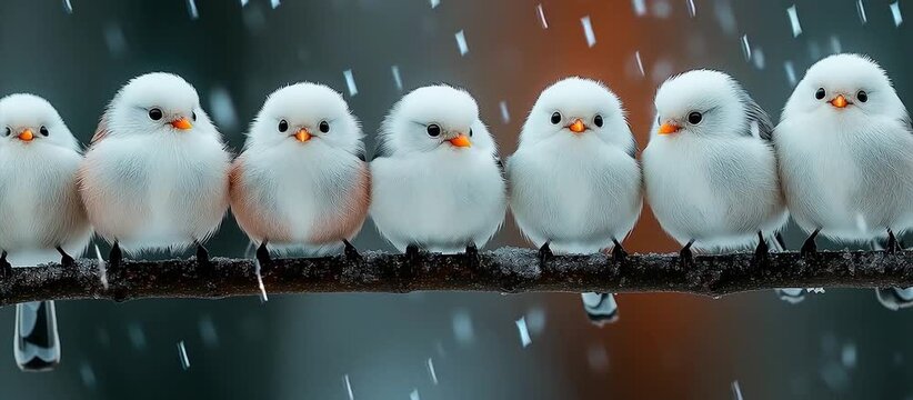 シマエナガ Adorable Long-Tailed Tits Cuddling Together to Keep Warm in the Cold Winter Snow / Beautiful Rare Bird Showcasing Unique Plumage and Graceful Presence