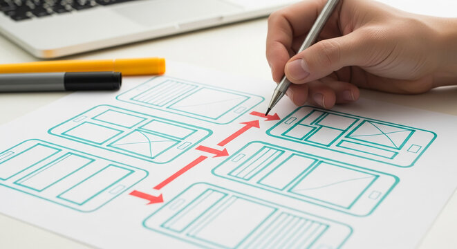 Hand sketching mobile app wireframe, showcasing design process, user flow, and interface planning, representing app development and UX design