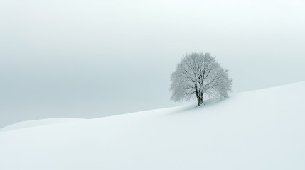 Fototapeta premium Single Snow-Covered Tree on White Hill – Minimalist Winter Landscape with Soft Gray Sky