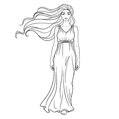 Mythical Aphrodite Line Art – Dove and Rose Vector Outline Drawing with Graceful Flow – Aphrodite Drawing – Vector of Aphrodite – Aphrodite Outline – Greek Goddess Lineart