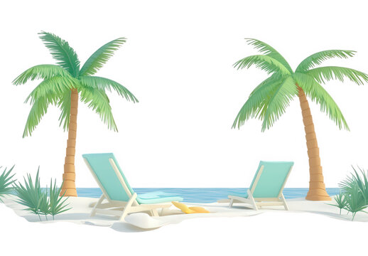 Tropical beach with palm trees and deckchairs isolated on transparent background