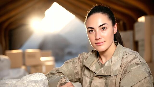 9 a military medical tent with supplies on shelves cluttered floor with boxes soft natural light through canvas flaps a nurse in uniform organizing a kit natural poses as she pac