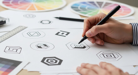 Hand sketching geometric logo designs on paper, surrounded by color palettes and ruler, showcasing creative process and brand identity development