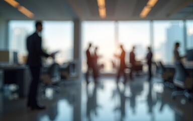Modern office workspace with blurred background of busy colleagues. High quality