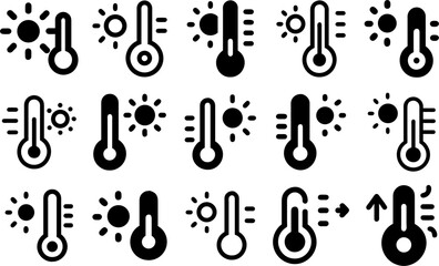 Fototapeta premium Hot Weather Thermometer and Sun Icons: Minimal glyph icons showing heat, high temperature, and heat index. Perfect for weather apps, dashboards, and warnings.