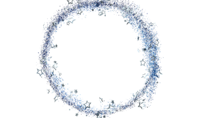 Sparkling silver and blue glitter stars forming a circular frame. Perfect for festive designs, invitations, and more.
