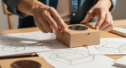 Hands hold brown cardboard box with a circular window, atop design sketches Packaging mockup, showcasing product presentation and design process
