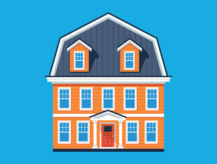 Illustration of a two-story orange house with a gable roof, dormers, white columns, numerous windows, and a red door. Simple, clean design.
