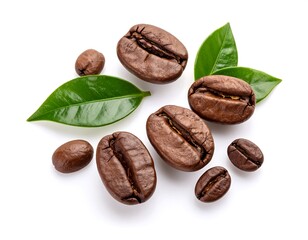 Roasted coffee beans and leaves on white background