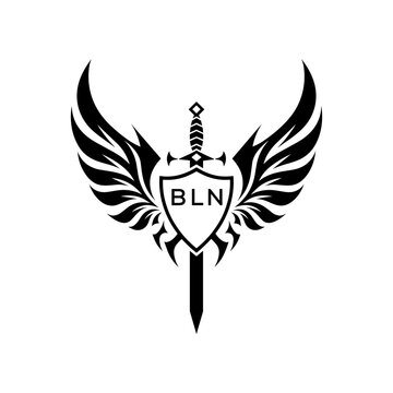 BLN "Warrior Shield and Sword Emblem with Wings Logo," BLN Later Logo, "Black Tribal Winged Sword Crest Vector,"
