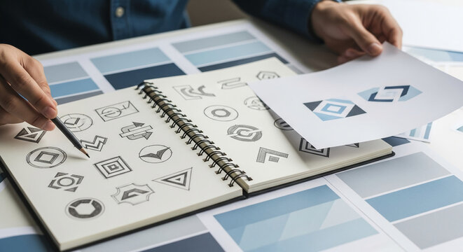 Close-up of hands sketching logo designs in notebook, alongside color palettes and refined logo concepts, showcasing the creative process of branding and identity design