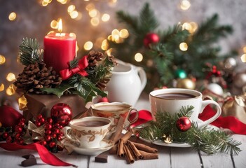 festive christmas scene with lit red candle, pine cones, decorative cups of coffee, cinnamon sticks, and holiday ornaments on a wooden table with warm bokeh lights, tasteful, luxury, scene