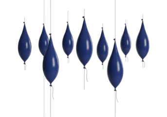 Sleek indigo teardrop balloons of recycled rubber, tethered by dark grey cords, suspended at precise heights on a transparent studio background, concept of scientific elegance