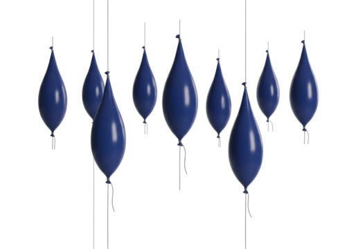 Sleek indigo teardrop balloons of recycled rubber, tethered by dark grey cords, suspended at precise heights on a transparent studio background, concept of scientific elegance