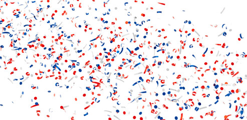 High-quality image of red, white, and blue confetti falling on a white background, perfect for celebratory designs.