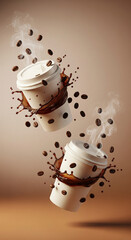 Captivating cascade of coffee beans and a rich, dark brew splashing from two sleek, disposable cups, evoking the invigorating essence of a morning pick-me-up