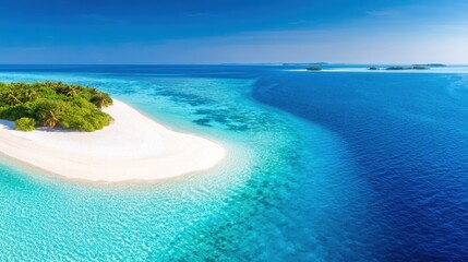 Serene tropical island with lush greenery and clear turquoise waters under a bright blue sky