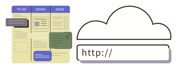 Task management board displaying to-do, doing, done statuses alongside cloud and URL elements. Ideal for productivity, teamwork, organization, cloud services, collaboration, planning simple flat © robu_s