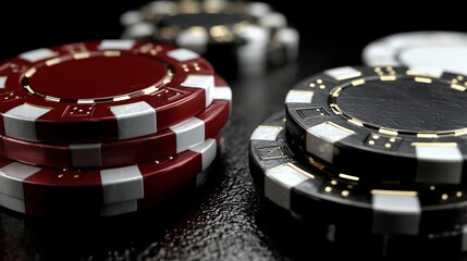 Stack of Red and Black Casino Poker Chips on Dark Background Representing Gambling Concept